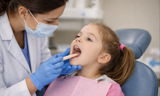female dentist providing an airway evaluation to a young child